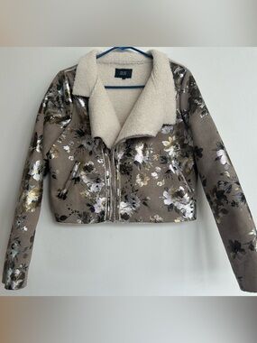 Goldie Taupe Floral Faux-Shearling Moto Jacket with Cream Collar